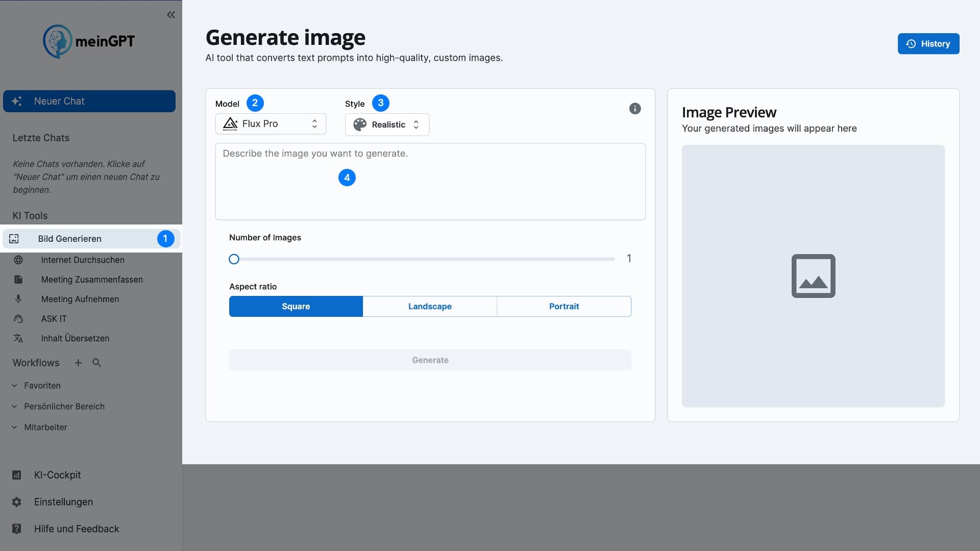 Screenshot der Benutzeroberfläche des Bildgenerierungstools auf der meinGPT-Plattform, mit Optionen zur Auswahl des KI-Modells, Bildstils und Eingabefeld für die Bildbeschreibung.