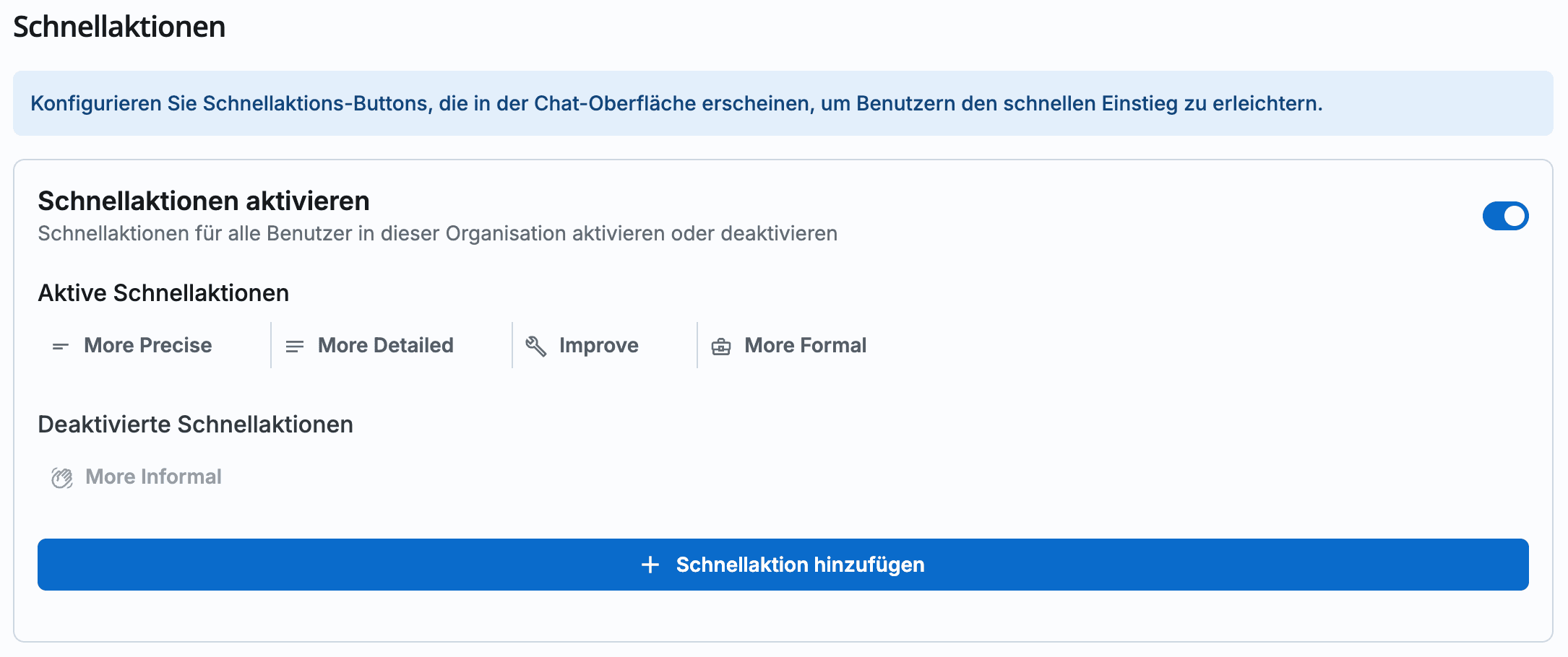 Quick Actions Einstellungen-Oberfläche